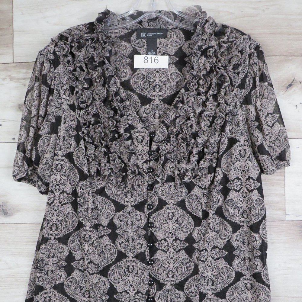 I-N-C* Women's Short Sleeve Low‎ V-Neck Button Down Ruffled Blouse~ Size 1X